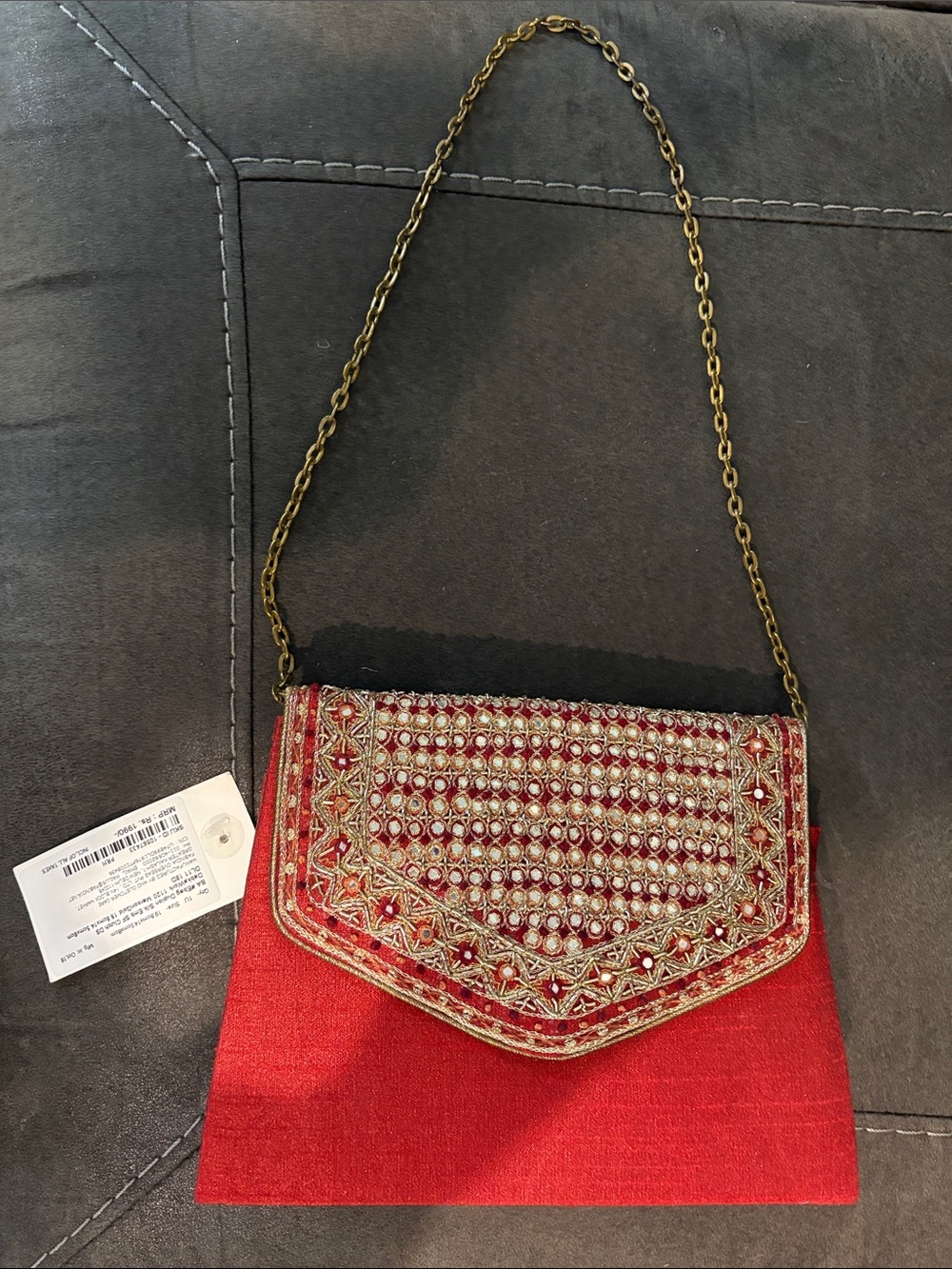 fabindia Red Embellished Flap Clutch with Chain Strap